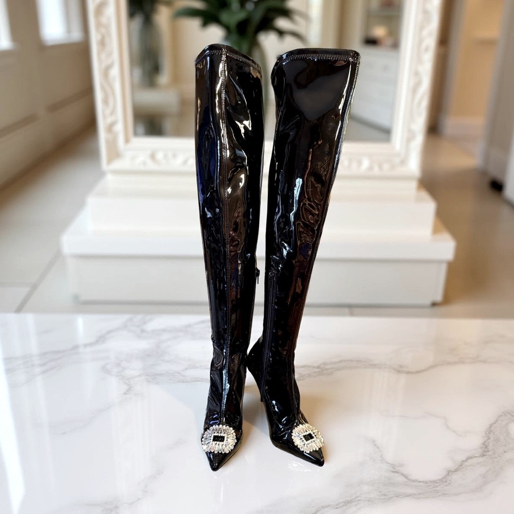 INC International Concepts NWT Size 6 Black Patent Leather Over the Knee Boots